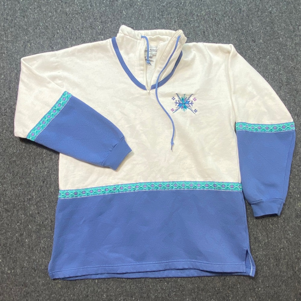 Gina Peters Pullover Sweatshirt S Women Blue White Retro‎ Snowflake Quilted Trim